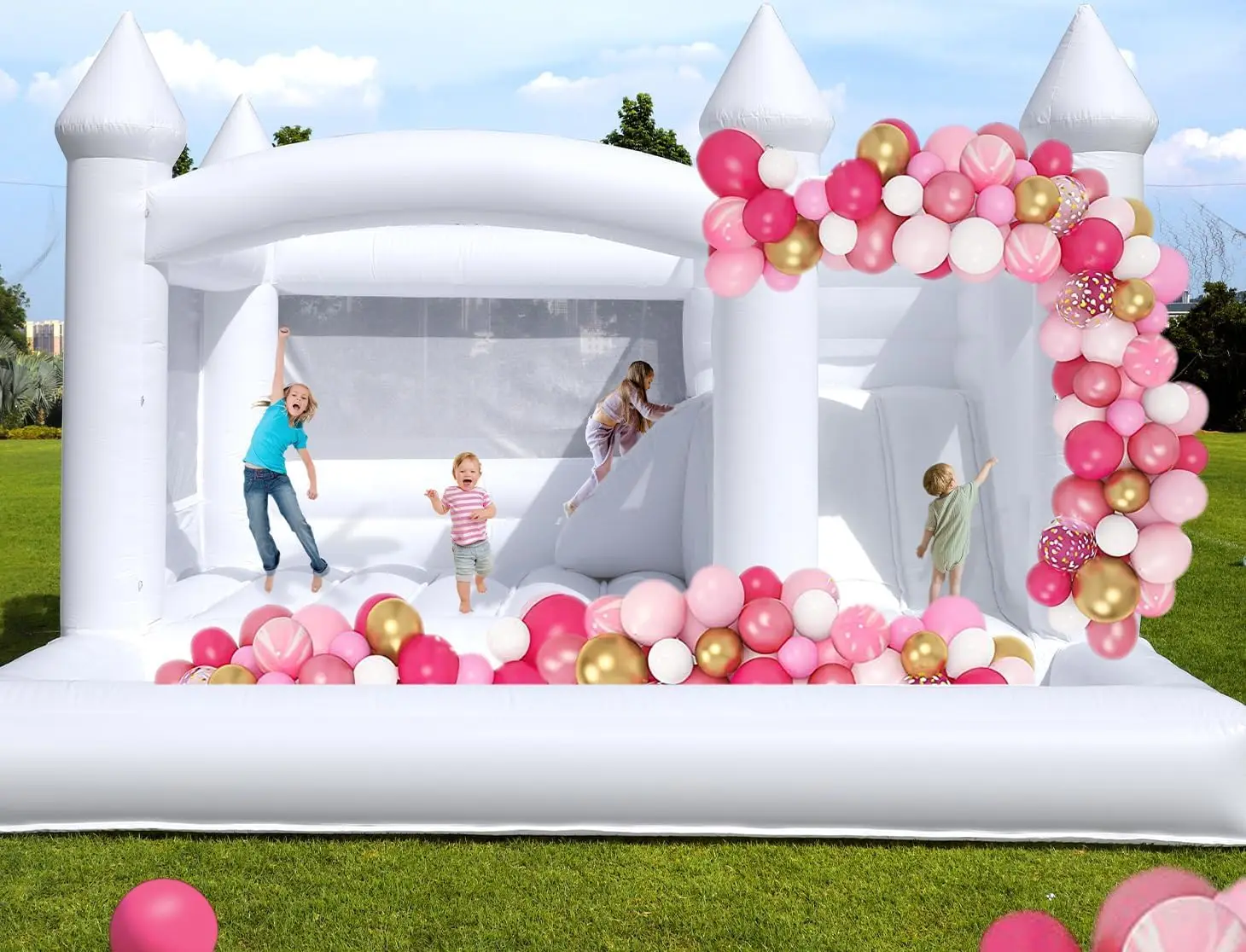 White Bounce House for Kids and Adults, Slide and Ball Pit, Outdoor PVC Jumper, Bouncy Castle, 15x15ft,With Aie Blower