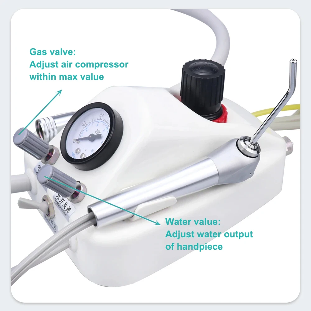 وحدة توربينية محمولة للأسنان بفتحتين 2/4 مع غطاء بلاستيكي حقنة ثلاثي الاتجاه مع زجاجة مياه سعة 600 مل