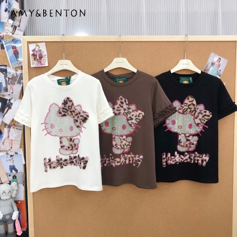 

American Retro Age-Reducing Flocked Leopard Cartoon Rhinestone Pattern Short Sleeved T-shirt For Women's New Y2k Pure Cotton Top