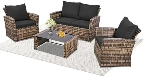 

4-Piece Outdoor Wicker Patio Furniture Set with Cushions & Coffee Table, Yellow/Black