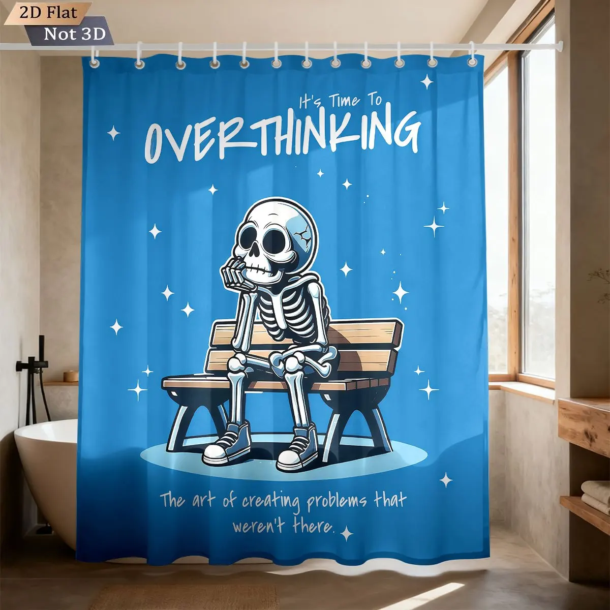 Funny Skeleton Overthinking Shower Curtain, Cartoon Skull Sitting on Bench Print Bath Screen, Waterproof Polyester Fabric Humor