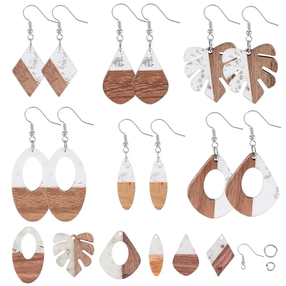 DIY Two Tone Resin Wooden Dangle Earring Making Kits Mixed Oval Rhombus Leaf Teardrop Shape Pendants Metal Hooks Jump Rings