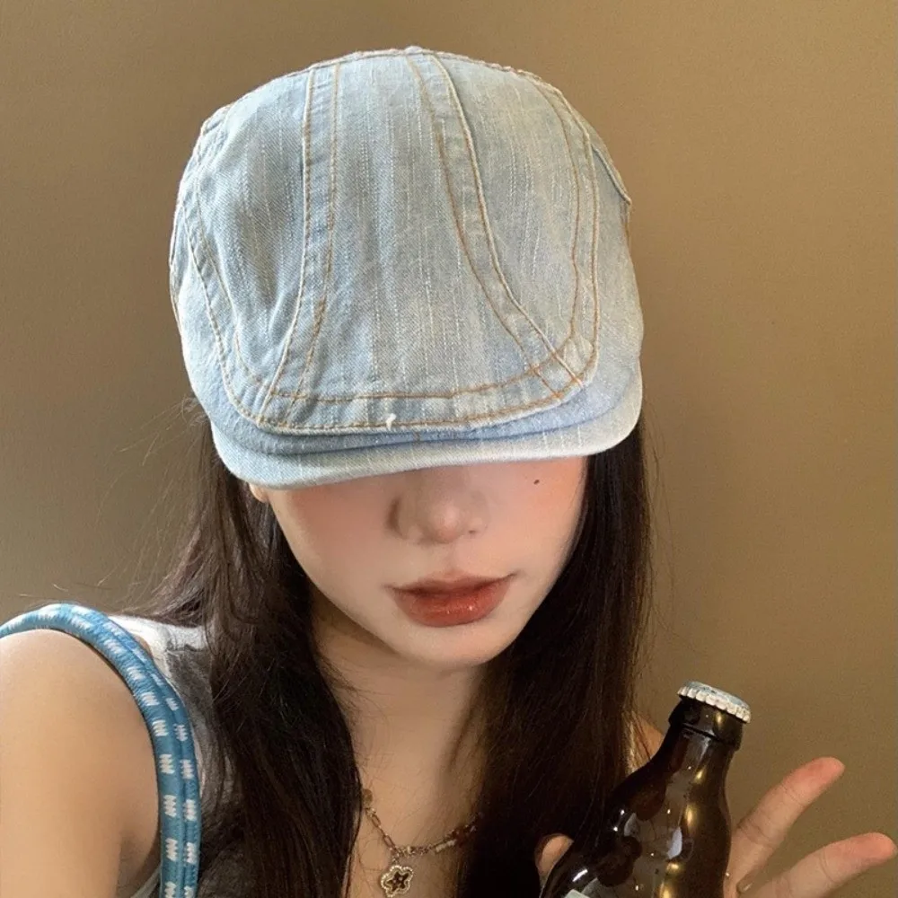 

Vintage Washed Denim Beret Cloth Visor Newsboy Hat Korean Style Adjustable Artist Hat Men