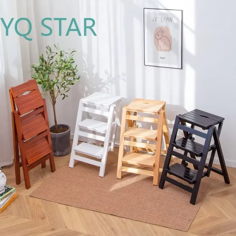 Solid Wood Foldable Small Ladder for Household Use Multi Functional Chair Flower Stand Dual Purpose Bedroom High Stool