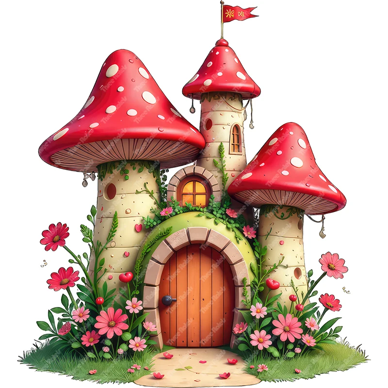 Three Ratels QO13 Interesting red mushroom cartoon house stickers for kid's bedroom kindergarten corridors decals