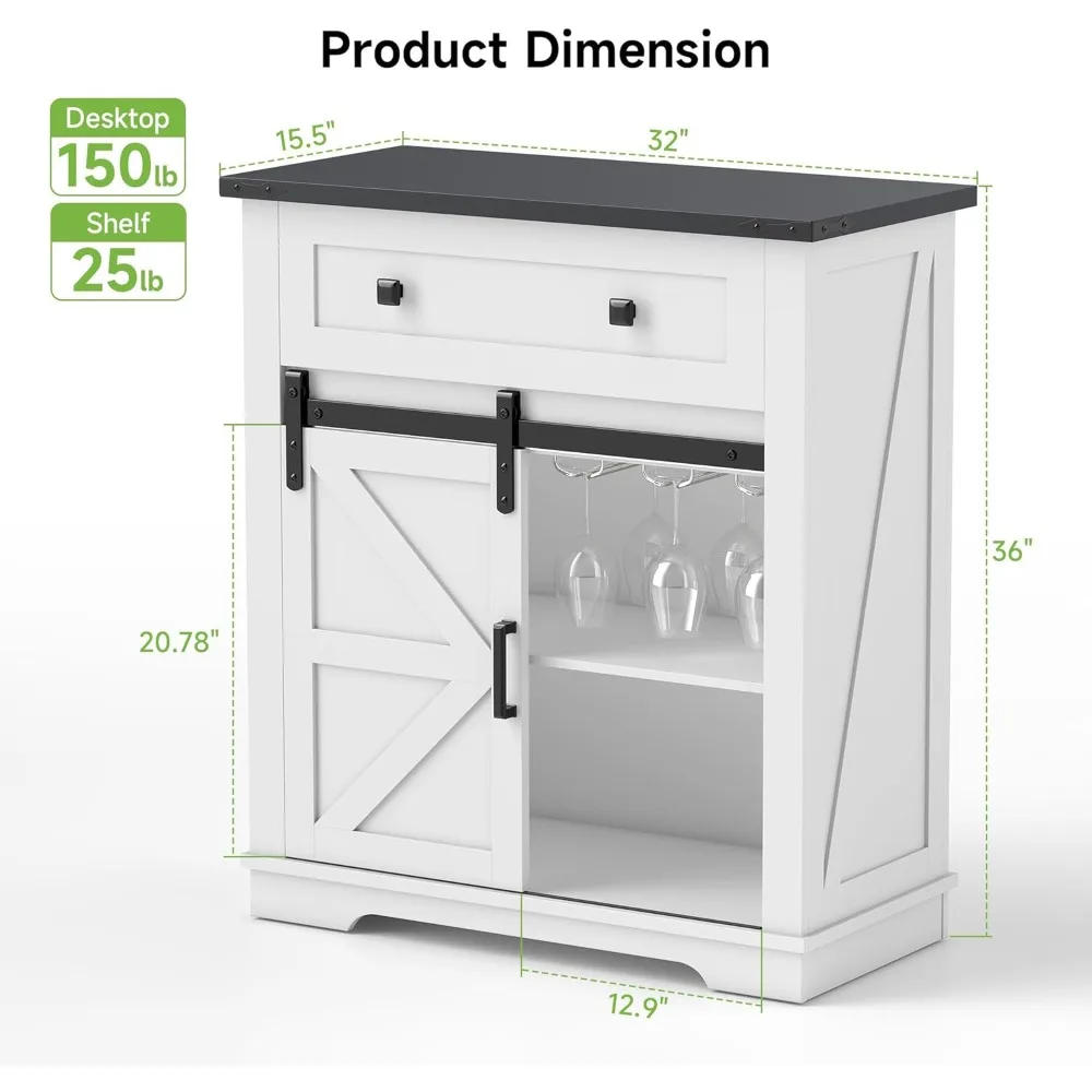 بوفيه خزانة جانبية ريفية مع مساحة تخزين وحامل كأس للنبيذ وباب حظيرة منزلق