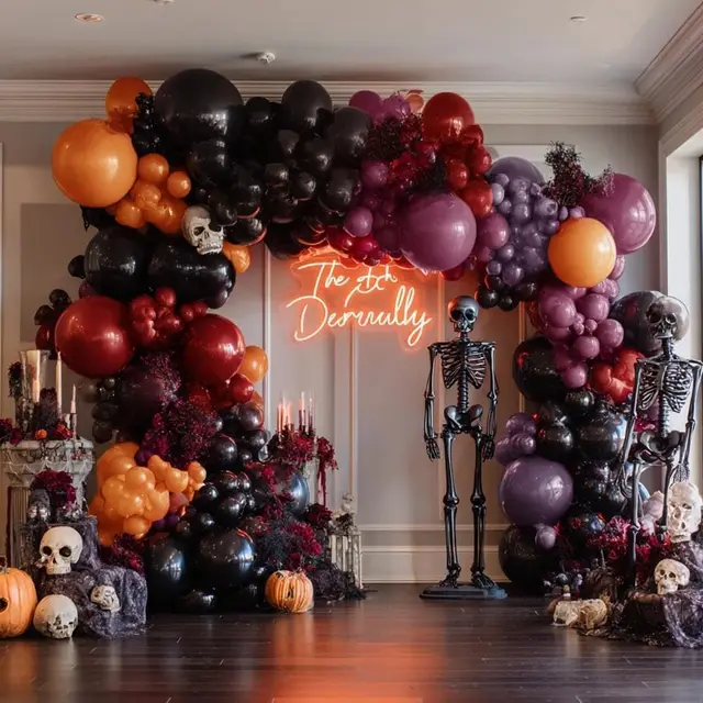 Halloween Balloon Arch Double Stuffed Black Purple Orange Balloons Burgundy Red Dark Mauve Plum Balloon Garland for Birthday Festival Baby Shower Indoor Outdoor Halloween Party Decorations 7