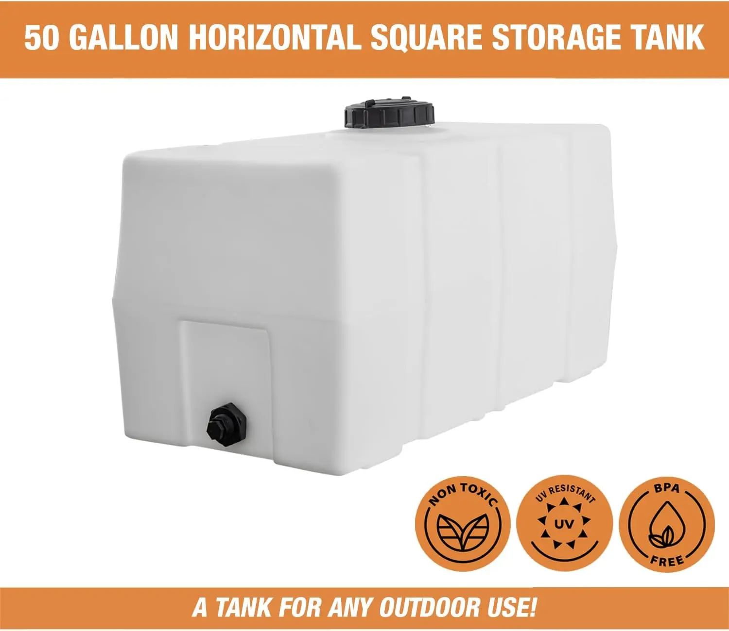 82123919 Horizontal Square Reservoir Water Tank, 50 gallon, Made In The USA, Poly Tank For Water and Non-Flammable Liquids, Rust