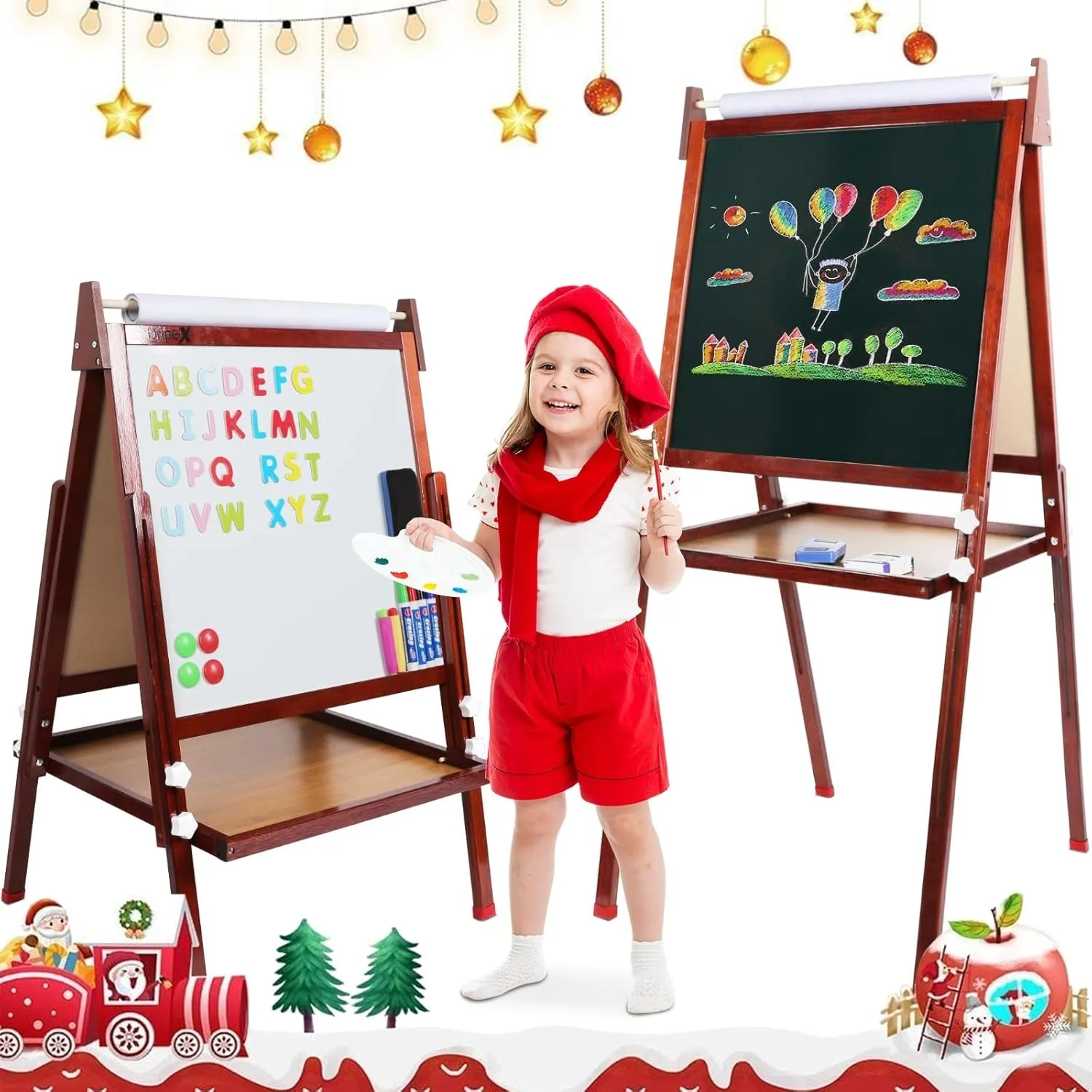 Kids Easel Bamboo,Childrens Art Easel with Paper Roll,Double-Sided Height Adjustable Magnetic Chalkboard Easel