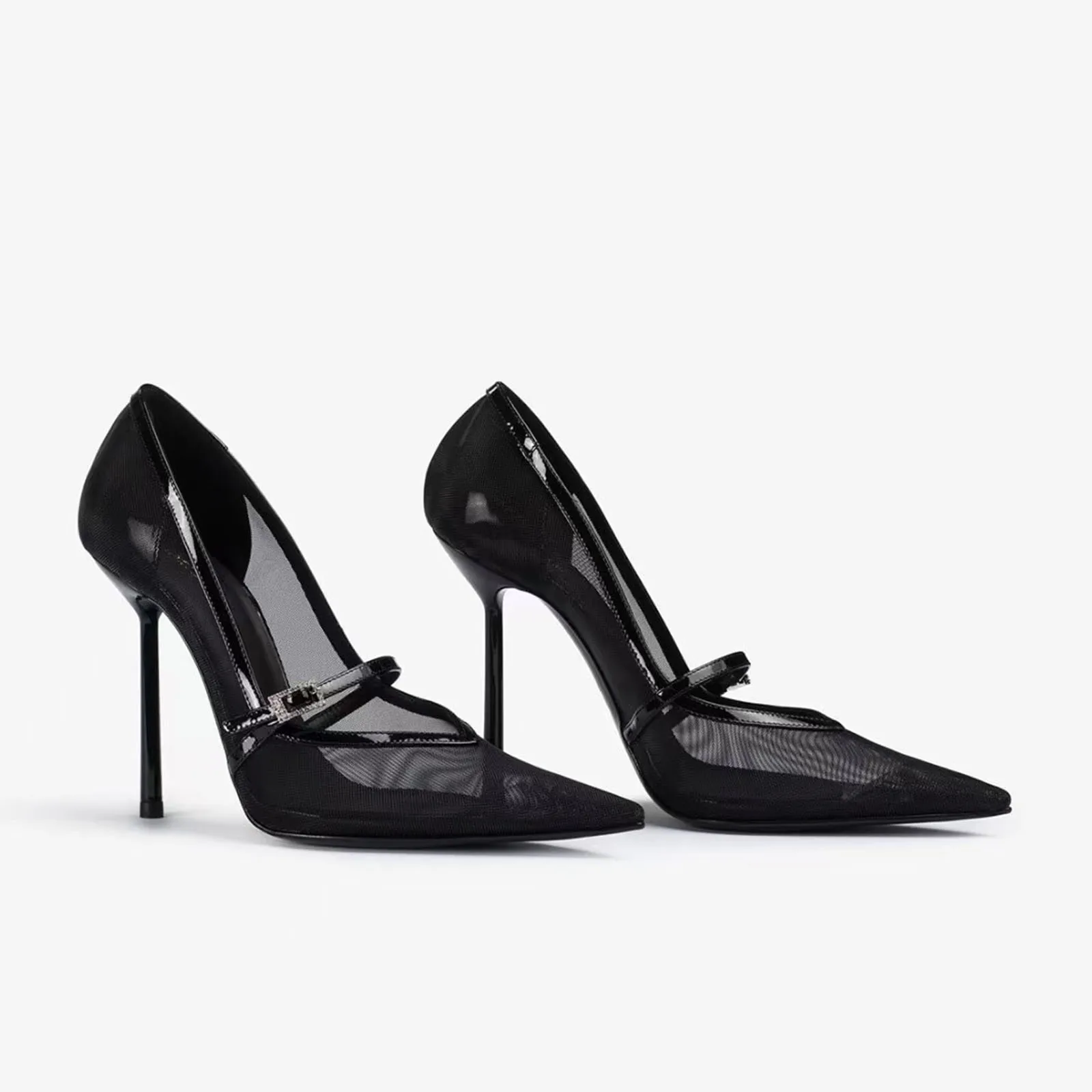 Arden Furtado Sepatu Hak Tinggi Berongga Makan Malam Gesper Sabuk Kristal Jaring Musim Panas Ujung Lancip Pompa Hitam Hak Super Tinggi Dangkal