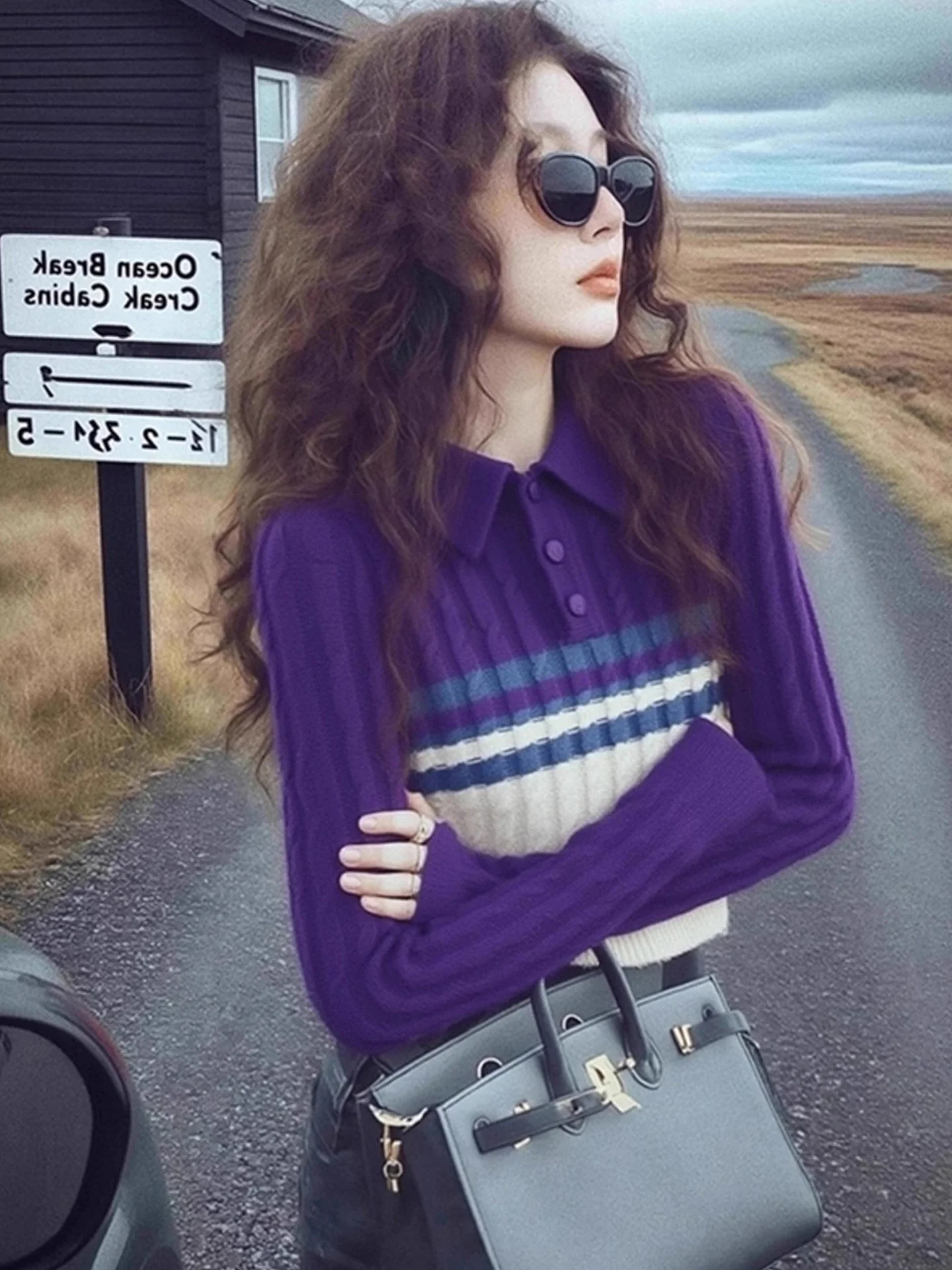 

Collar Color Blo Thi Long Sve Knitted Sweater Easy to Wear Winter Faion White Enhancing Women's Straight Cut Knitwear