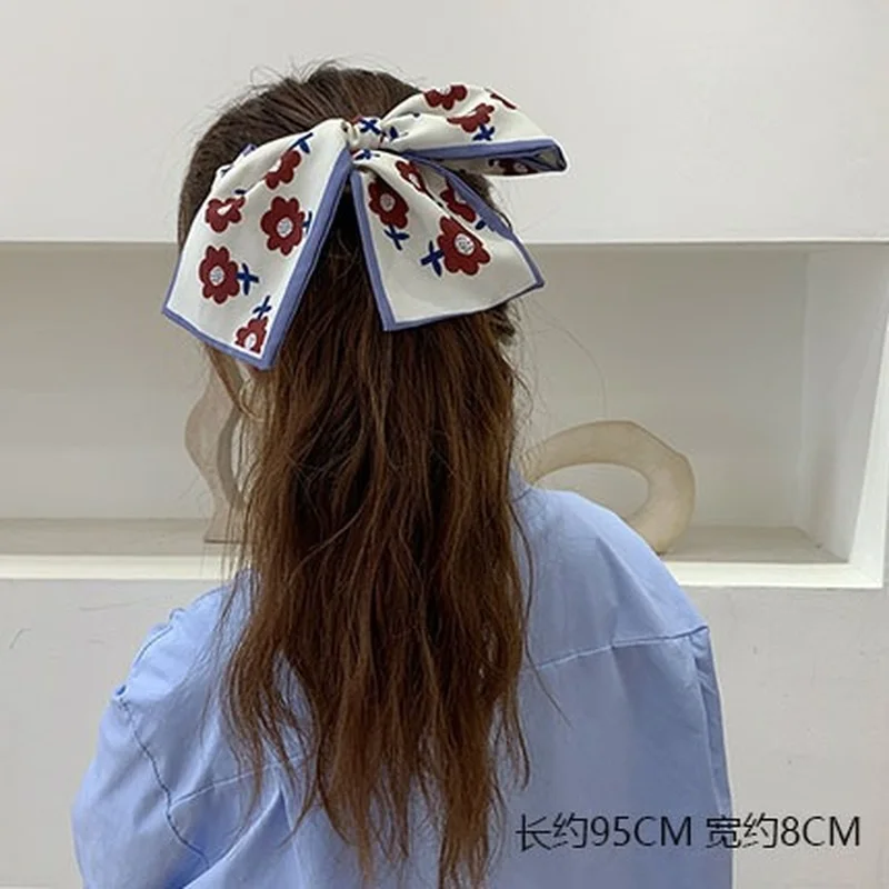 Grace Young Girl Silk Scarf Headdress Bow Long Ribbon Hair Rope Lady Binding Ponytail Hair Accessories Fashion Printing Hairband