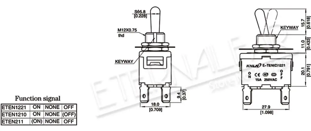 12MM E-TEN1221 High-end Quality Silver Contact DPST 16A 250V AC ON-OFF 4Pin Reset Rocker Toggle Slide Switch Waterproof