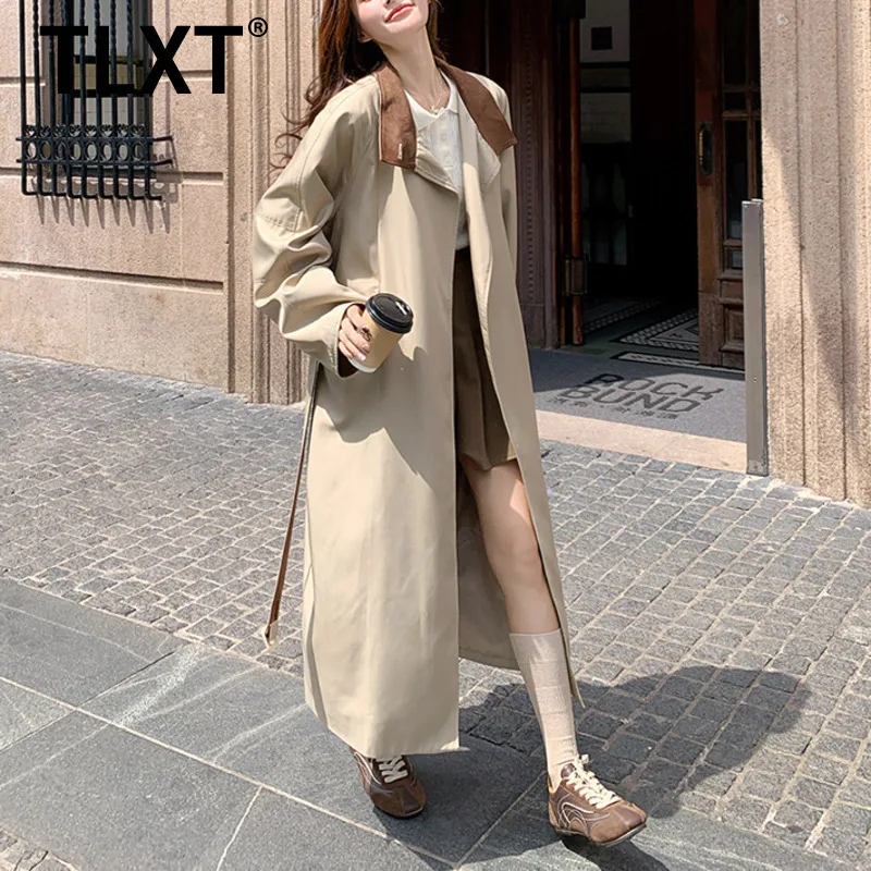 

TLXT Elegant Women's Camel Trench Coat Long Sleeves Notched Collar Lace -up Design Stylish Outerwear 2025 Autumn New XK1625