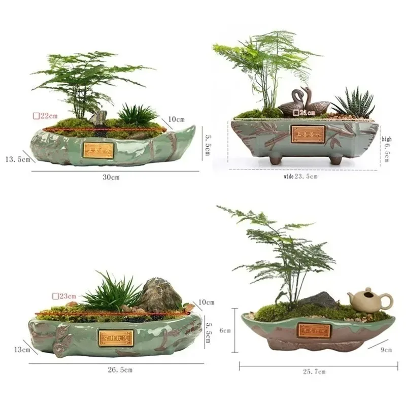 Vintage Ceramic Bonsai Pot, Creative Rectangular Succulent Planter with Chinese Style for Home Garden Decor