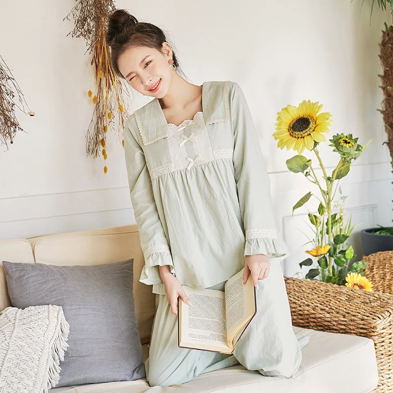 

Spring Summer Cotton Women Pajamas Long Sleeve Lady Two Piece Set Homewear Female Loose Casual Nightwear Sleepwear