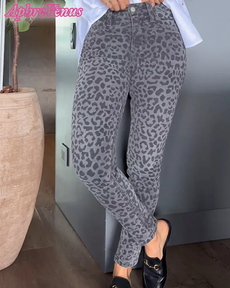 Calças femininas leopardo vintage skinny, jeans lavado, cintura alta, elástico, leggings casuais, calças jeans retas fitness, tendência