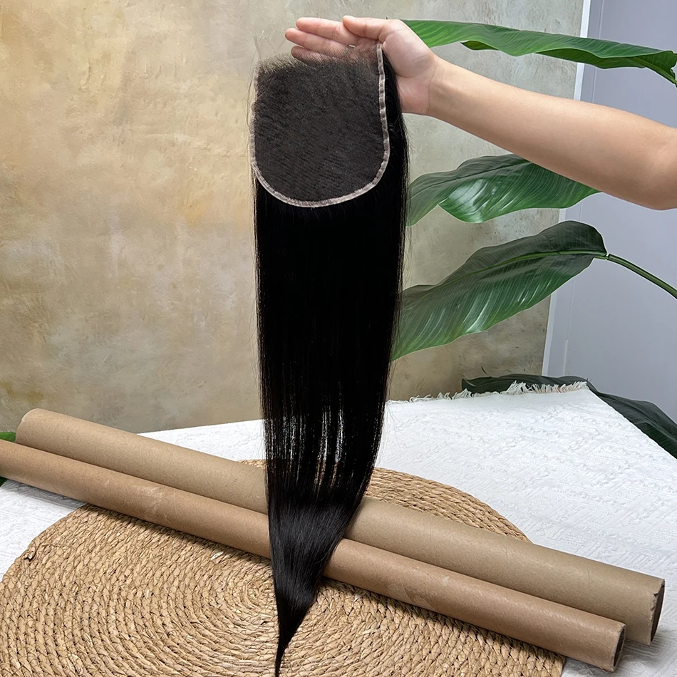 شعر بشري مفرود بدانتيل غير مرئي عالي الدقة مقاس 6 × 6 # 1B لون طبيعي فراق عميق عقدة مبيضة من الدانتيل شعر عذراء خام