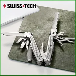 SWISS TECH 15 in 1 Multifunctional Folding Pliers EDC Multitool Pocket Knife Portable Scissors Outdoor Survival Camping Supplies
