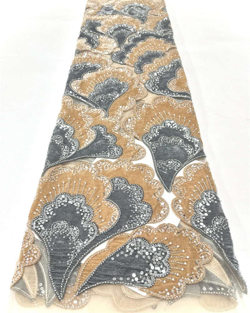 Abito da sera per feste in tessuto di pizzo ricamato con paillettes in rete di velluto francese di lusso con perline africane di nuovo design