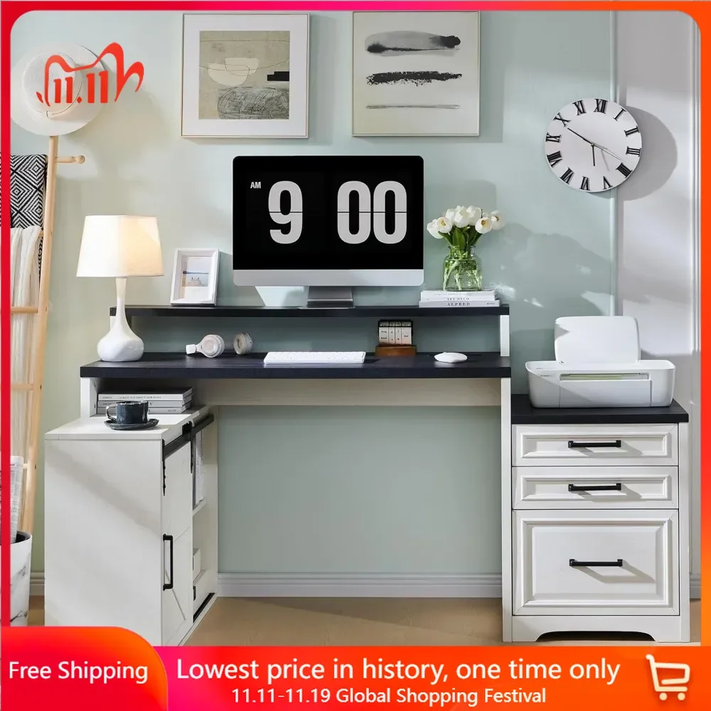 

Computer Desk with Darwers & Storage Cabinet，Home Office Desk with File Drawer，Monitor Stand & Charging Station，Gaming Desk