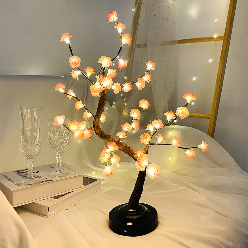 LED Tree Light, Pink Flower Table Lamps, Battery/USB Powered Artificial Flower Bonsai Tree Lamp,for Gifts Room Office Party Deco