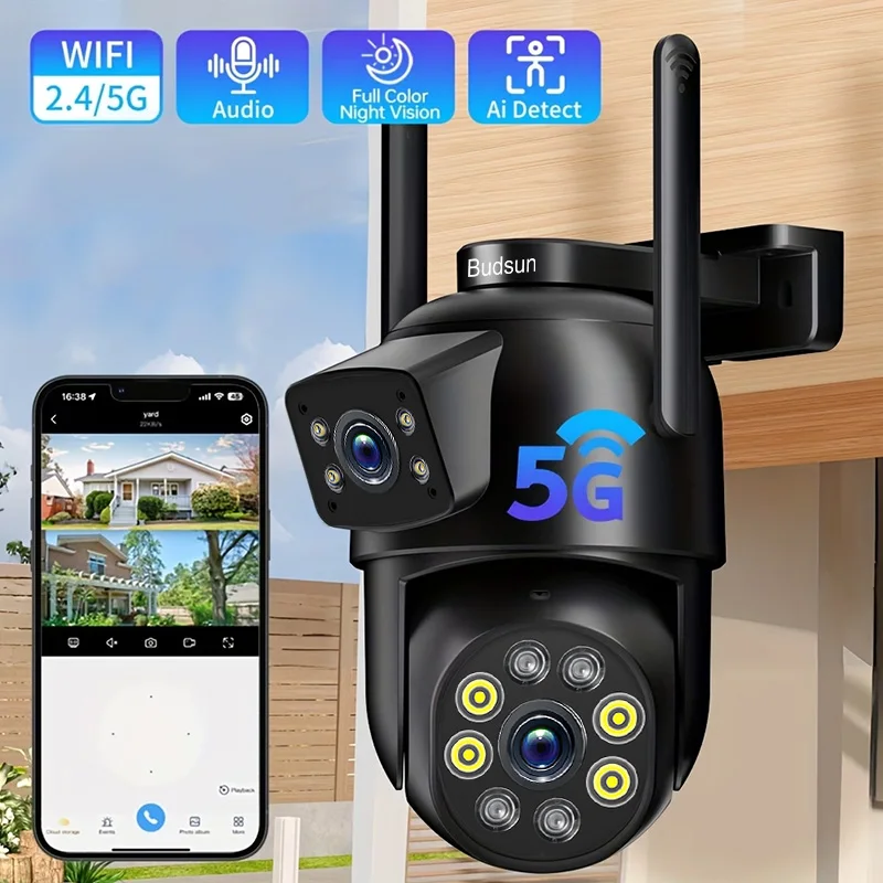 Wireless Smart Outdoor Dual Lens Security Camera, PTZ 355° View Surveillance System, AI Human Detection Camera,