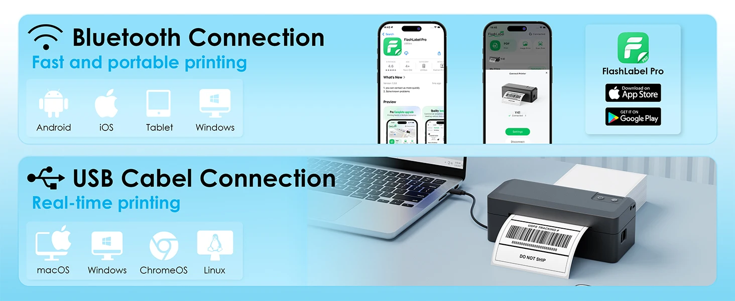 Thermal Shipping Label Printer, 4x6 Bluetooth Label Printer for Small Business and Home, Supports iPhone, Android, Windows, Mac, Chromebook