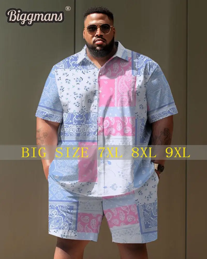 Biggmans-Verão Short Sleeve Shirt Set, Plus Size, Shorts, Casual, Férias, Padrão Retro, Oversize Roupas, L-9XL, 7XL, 8XL, 9XL