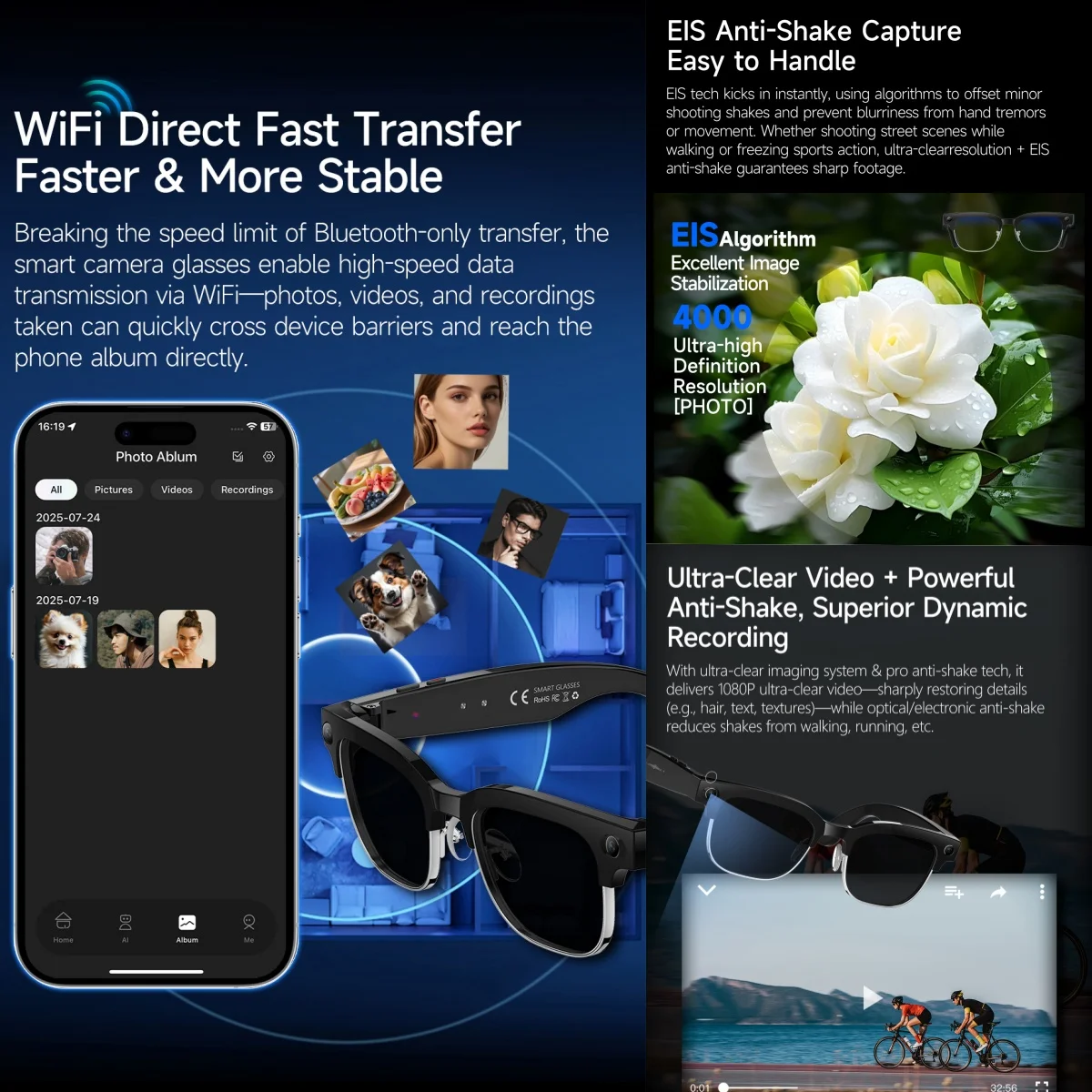 نظارات AI الذكية 8MP بلوتوث مقاومة للماء IP66 مع تسجيل الفيديو التعرف على الصور ترجمة 290 مللي أمبير في الساعة نظارات للاستخدام اليومي