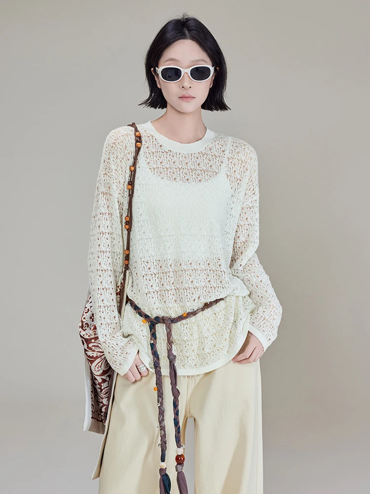 

Вязаный свитер MeiYang из шерстяной пряжи с бусинами, ажурный, с круглым вырезом, свободного кроя, с длинными рукавами, однотонный