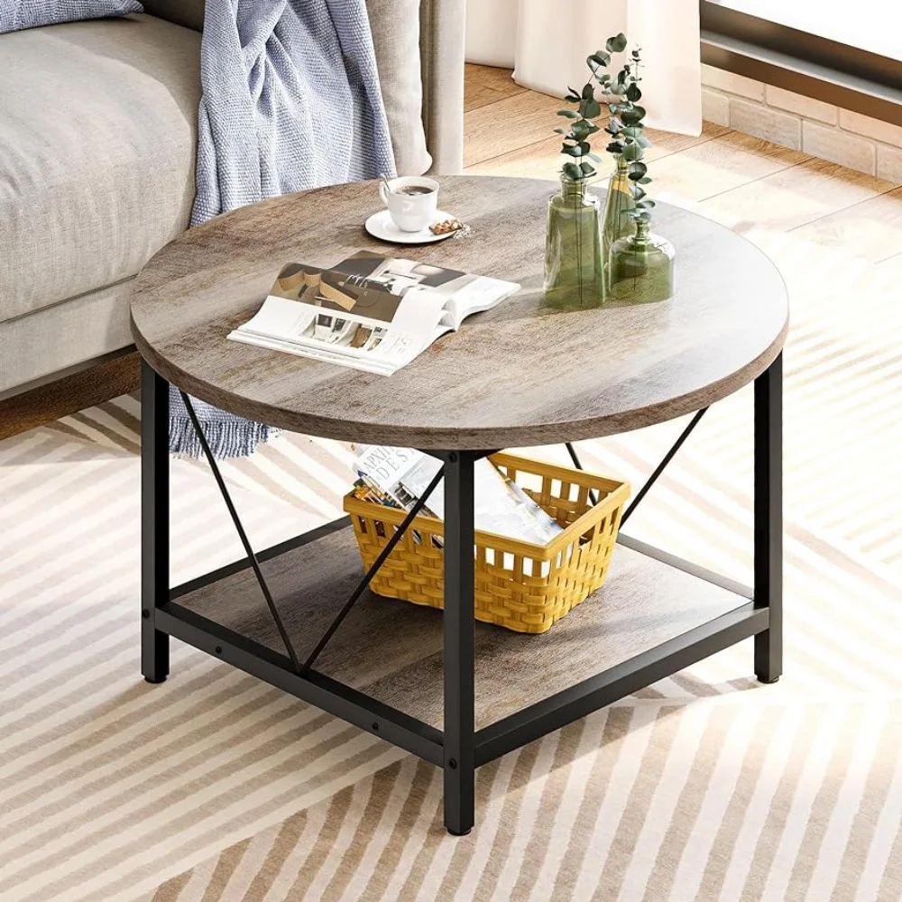 

Round Coffee Table,Rustic Wood for Living Room with Storage Shelf,Circle Metal Legs Home Grey Wash Coffee Tables