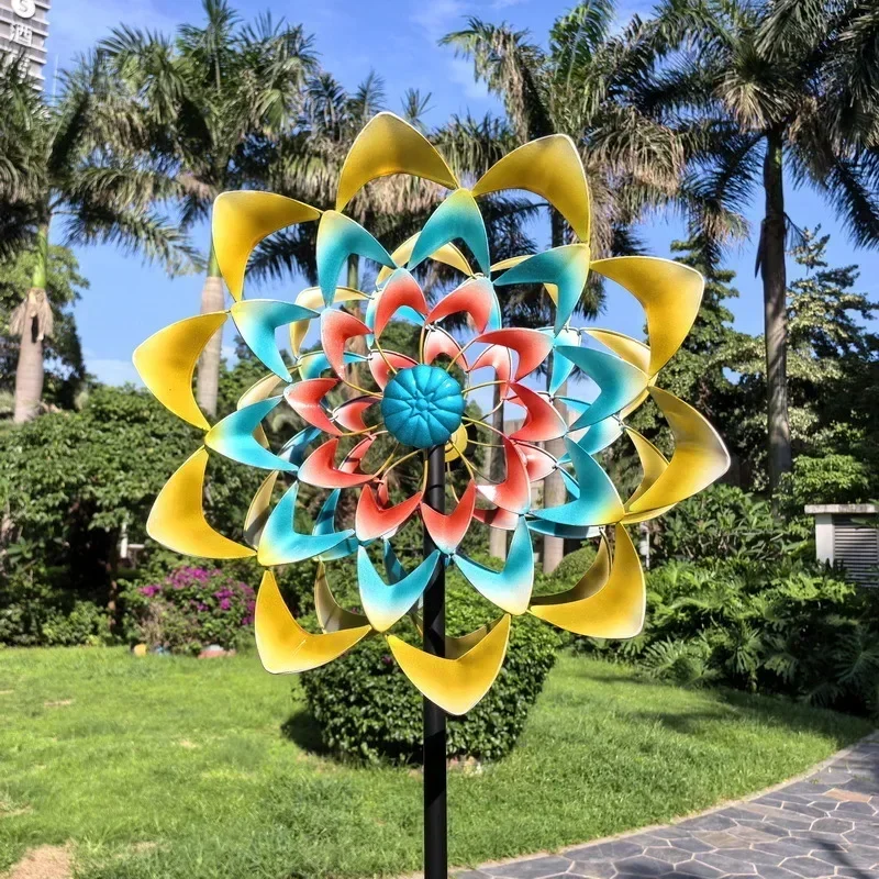Outdoor garden decoration Mandala three-color flower painted windmill double-sided rotation in the wind