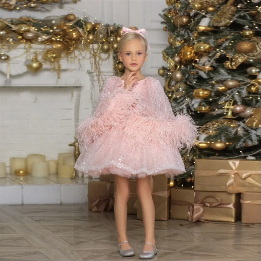 

Customized Flower Girls Wedding Dresses Sequined Feather Ball Gown Christmas Dresses for Kids Princess Birthday Party Prom Gown