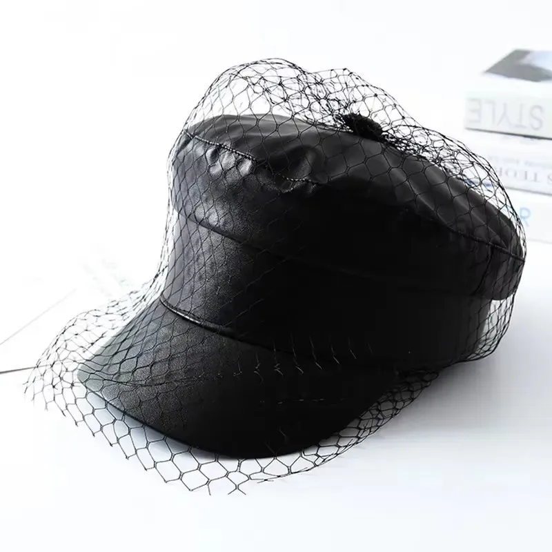 

Spring and Summer New Black PU Lace Veil Newsboy Caps Fmale Flat Top Black Mesh Letter Multiple Styles Fashion Hats