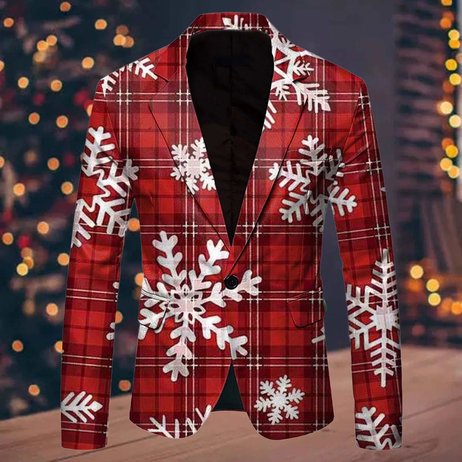 Snowflake Pattern Christmas Suit Jacket Men Blazer Fashion Leisure Christmas Printed Pocket Single Button Jacket Men\'s Clothing