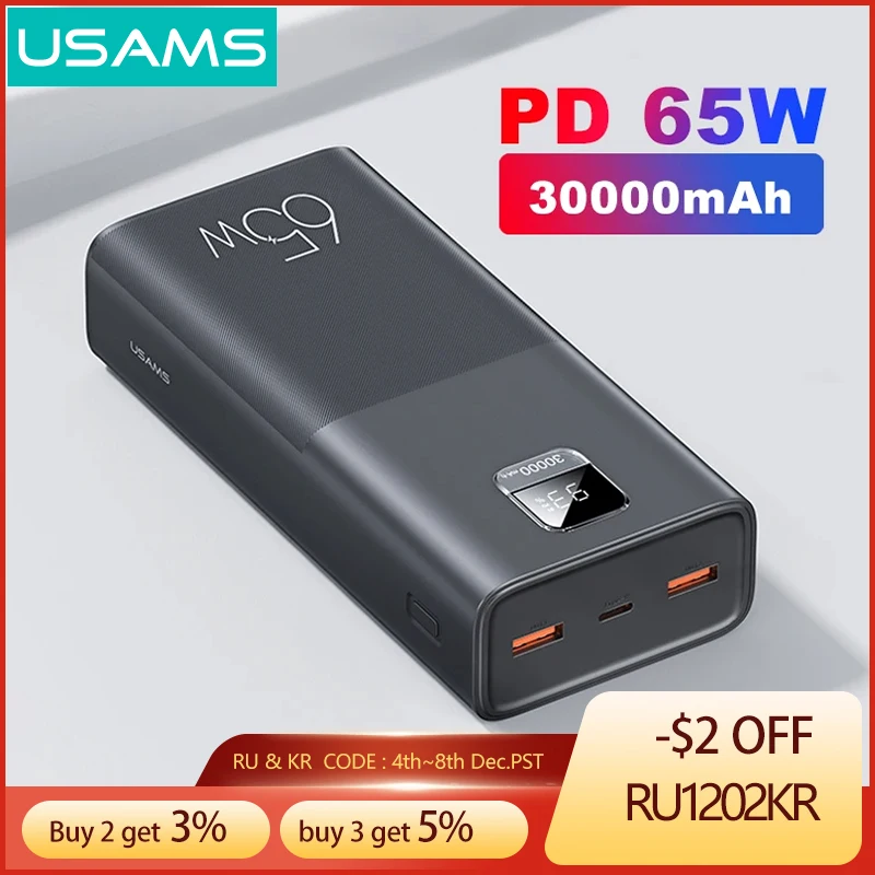 USAMS 65W 보조베터리 30000mAh PD 빠른 충전 SCP FCP 보조베터리 휴대용 외부 배터리 충전기 전화 노트북 태블릿