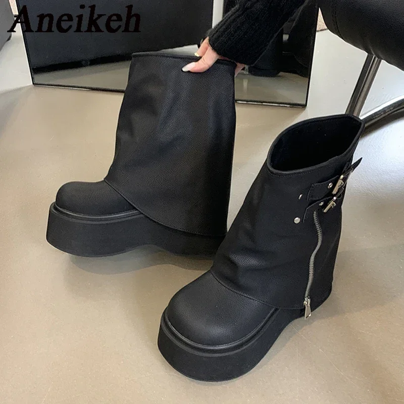 

Aneikeh/осенние ботинки из искусственной кожи, однотонная римская женская обувь, женские ботинки для отдыха на толстой подошве и платформе с квадратным каблуком, ботинки до середины икры с пряжкой на молнии