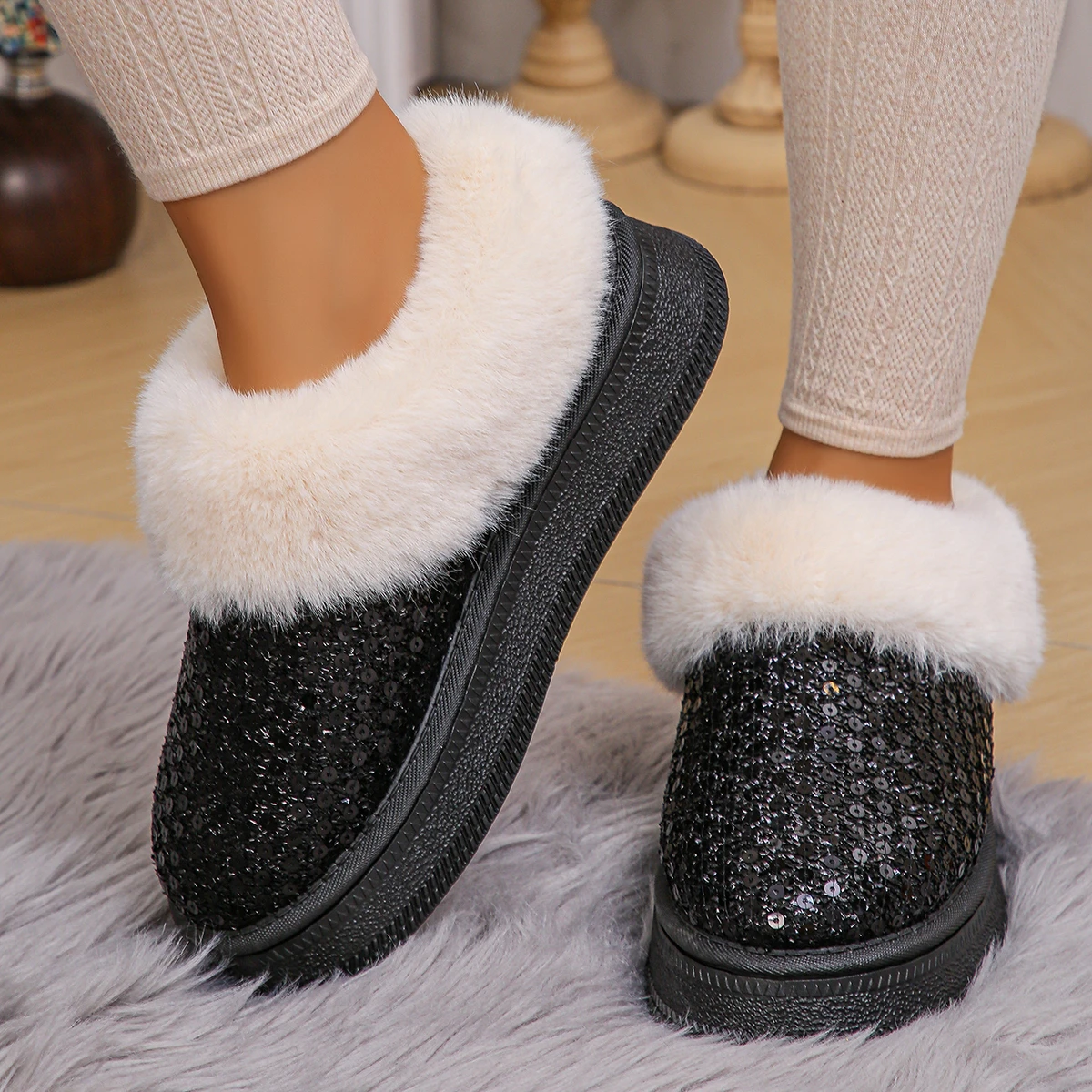 Fashion Silver Sequins Snow Boots for Women Winter 2024 Thick Sole Cozy Warm Cotton Shoes Woman Platform Faux Fur Ankle Booties