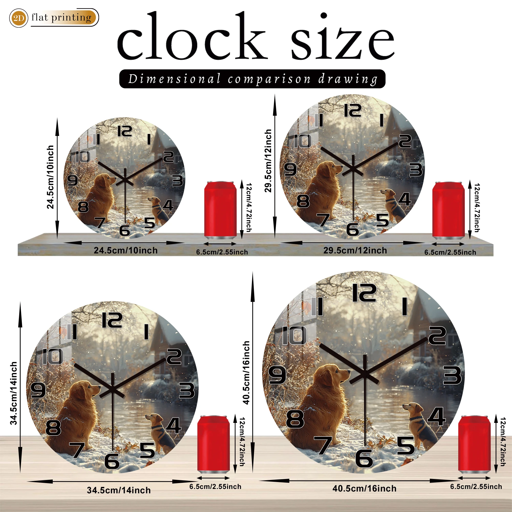 Golden Retrievers in Snowy Landscape Wall Clock - Winter Scene 2D Flat Printed Timepiece - Silent Non-Ticking Dog Lover Clock