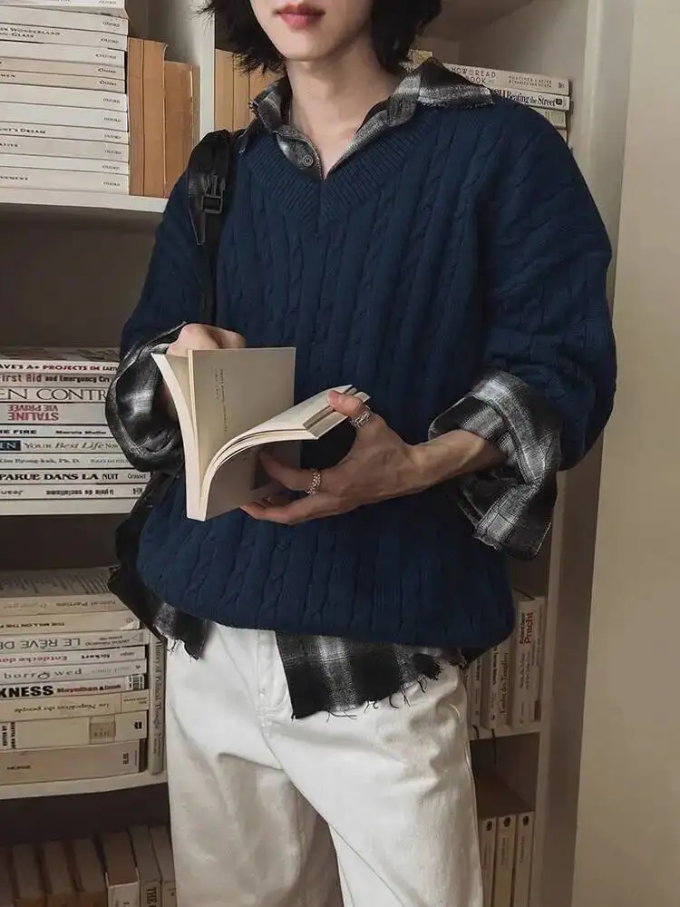 

2025 Winter Fashion Men's Sweaters V-neck Solid Color Twisted Knitting Casual Menswear Korean Style Pullover Male Tops