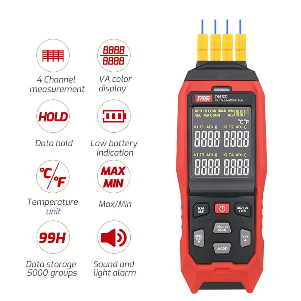 TA612C 4 Channels K/ J Type Thermocouple Thermometer Digital LCD Temperature Meter 5000 Groups Data Storage with USB Data Upload