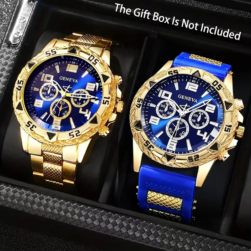 2-Piece Men's Watch Set, Gold and Blue Silicone or Alloy Strap Watch, Fashionable Men's Casual Sports Quartz Watch