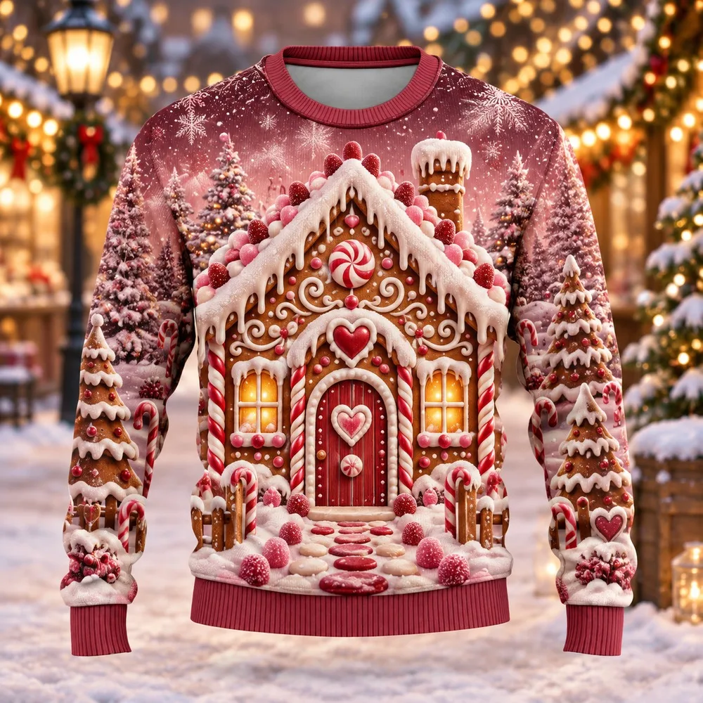 2026 Gingerbread House Ugly Christmas Sweater for Men Women Festive Holiday Party Crewneck Pullover Long Sleeve Gift Sweaters