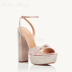 Light Skin Tone Crystal Chunky Heels Women Open Sandal Green Suede Silver Sequined Pump Square Light Buckle Elegant Wedding Shoe