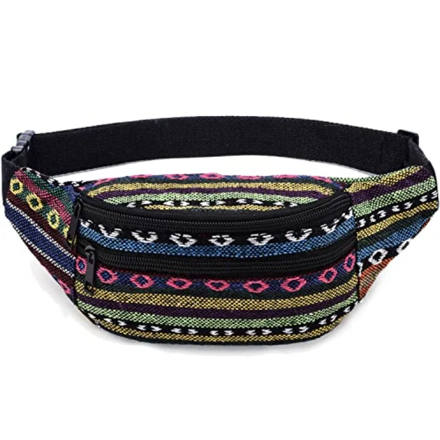 

2 Zippers Boho Fanny Pack Stripe Festival Retro Vintage Flat Bum Bags Travel Hiking Hip Waist Bag…