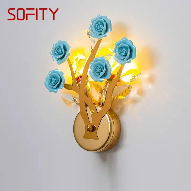 SOFITY Contemporary Crystal Wall lamp Creativity Ceramics Rose Blossoms Living Room Bedroom Girl's room Villa LED Bedside Light