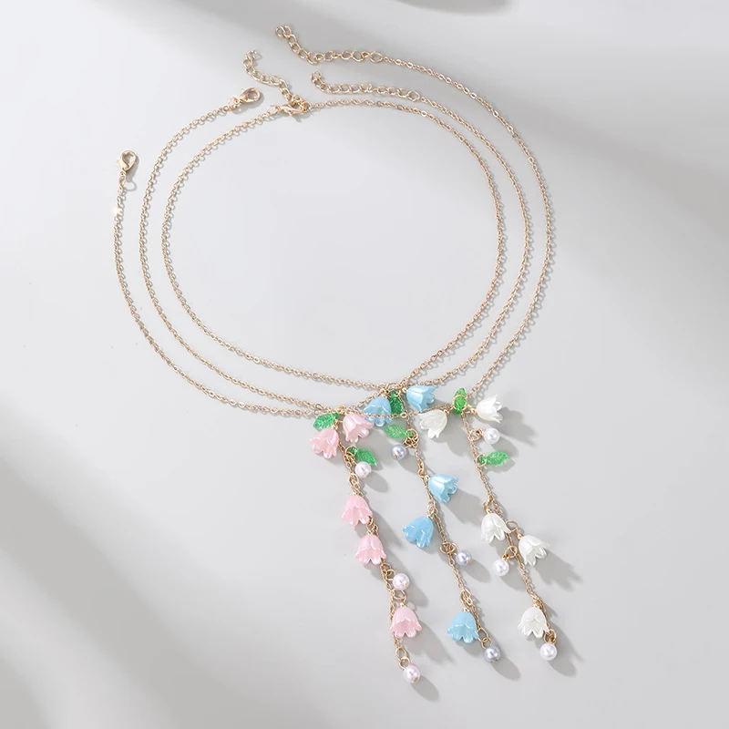 1pc Vintage Lily of the Valley Y-Necklace with Pearls – Elegant Long Pendant Necklace.