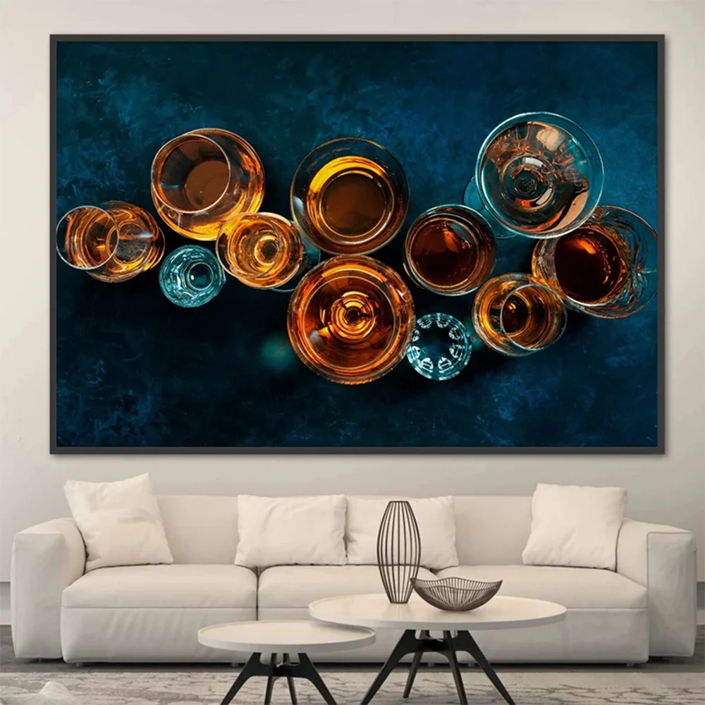 Simple Geometry Transparent Glass Cup,Wall Art Decor Pictures,Whiskey Scotch Cognac Drinks,Canvas Paintings,Corridor,Fashion