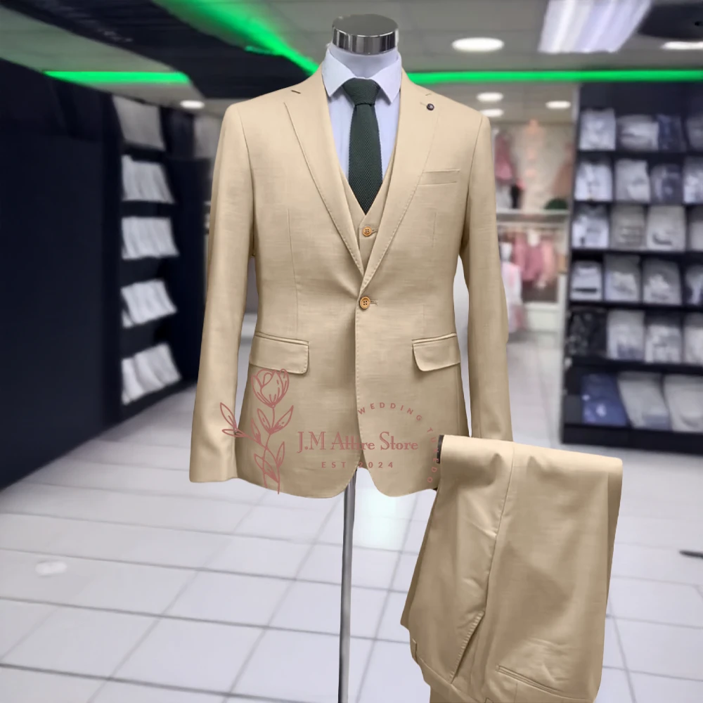 Summer Men's Wedding Suit 3-Piece Lightweight Khaki Jacket Vest Pants Custom Slim Fit Outfit for Grooms Family Beach Prom Party